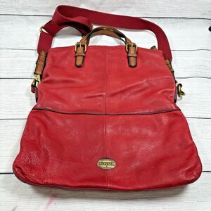 Fossil Explorer Red Leather Fold Over Crossbody Bag Purse